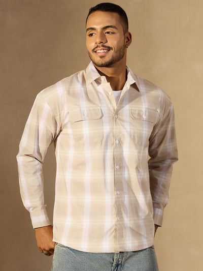 Beige: Full Sleeves Checked Casual Shirt