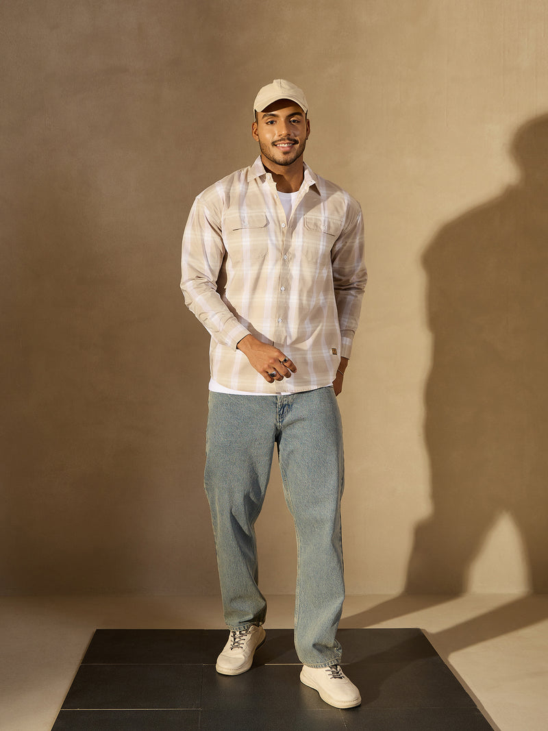 Beige: Full Sleeves Checked Casual Shirt