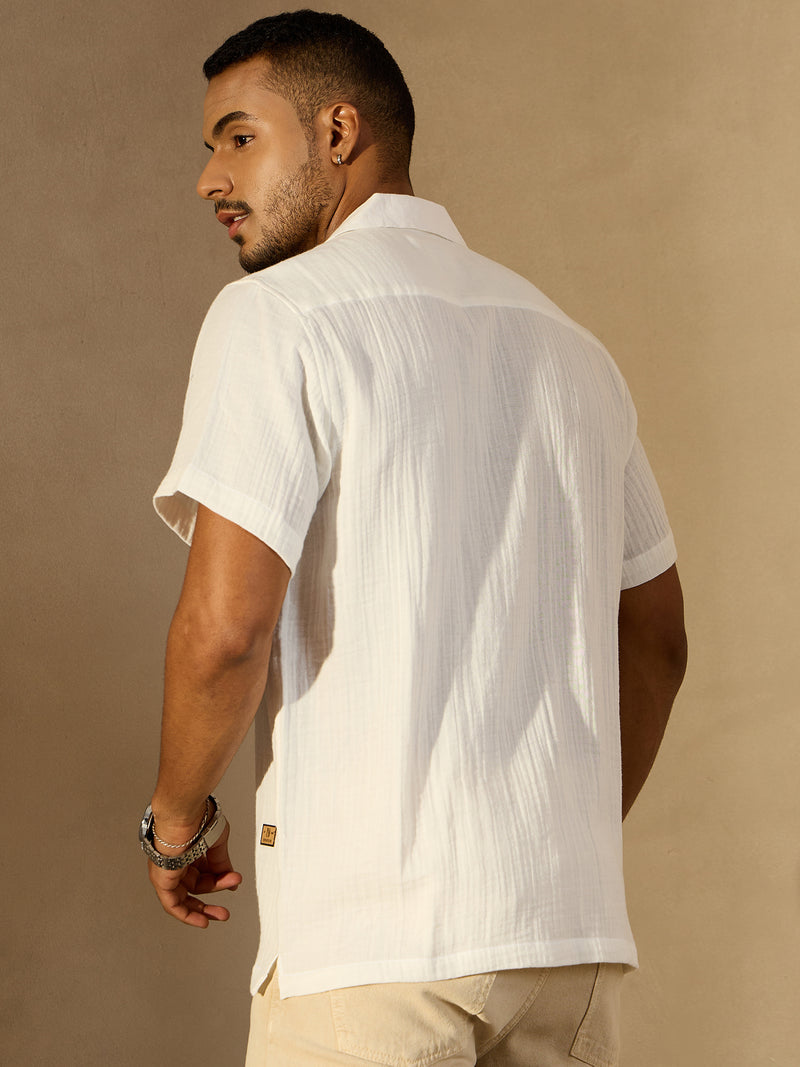 White: Half Sleeves Muslin Resort Shirt