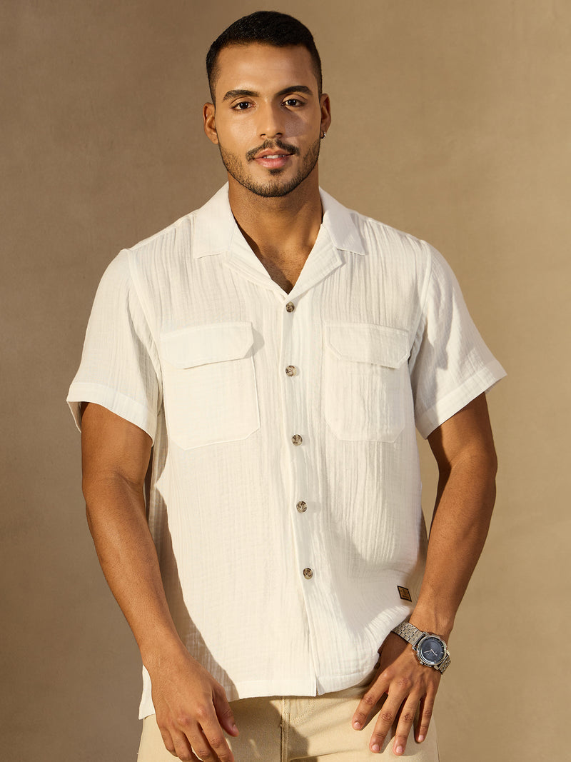 White: Half Sleeves Muslin Resort Shirt