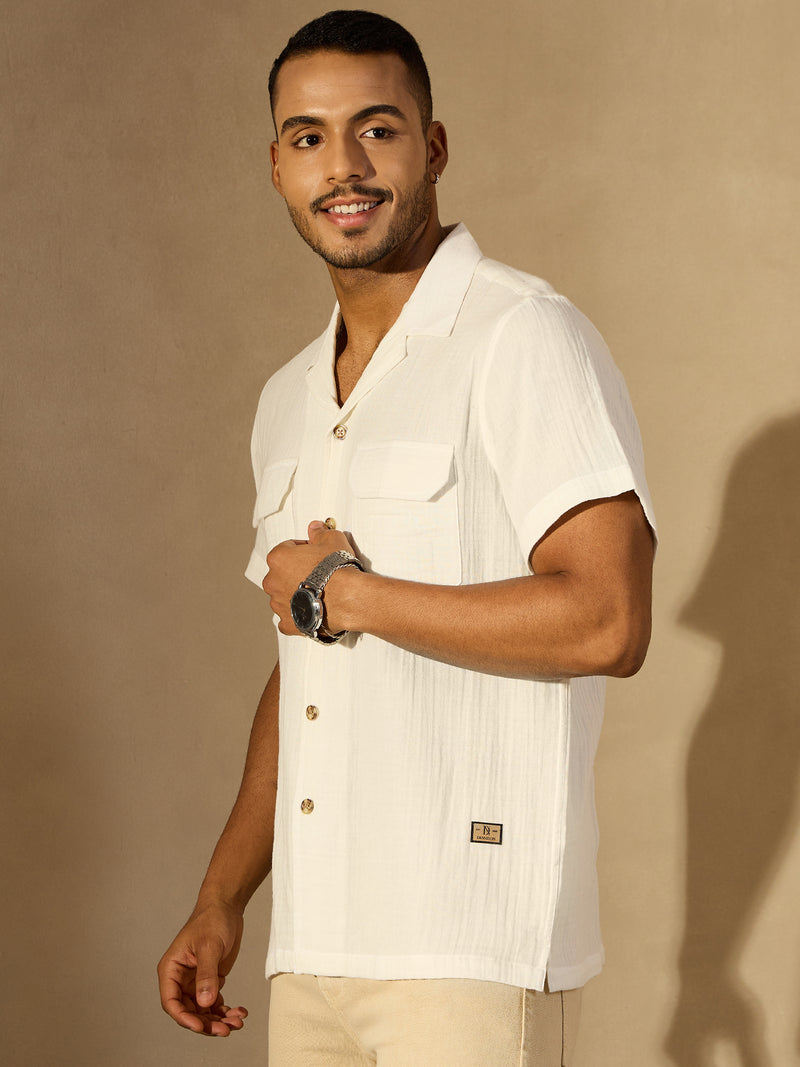 White: Half Sleeves Muslin Resort Shirt