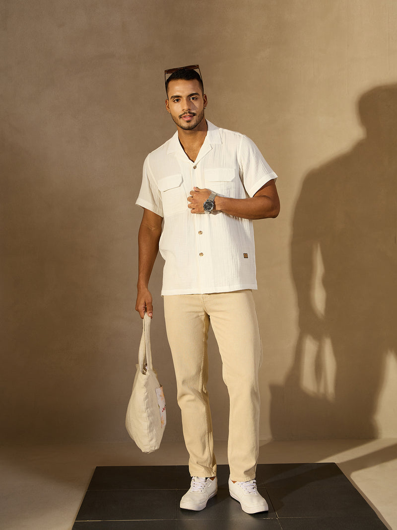 White: Half Sleeves Muslin Resort Shirt