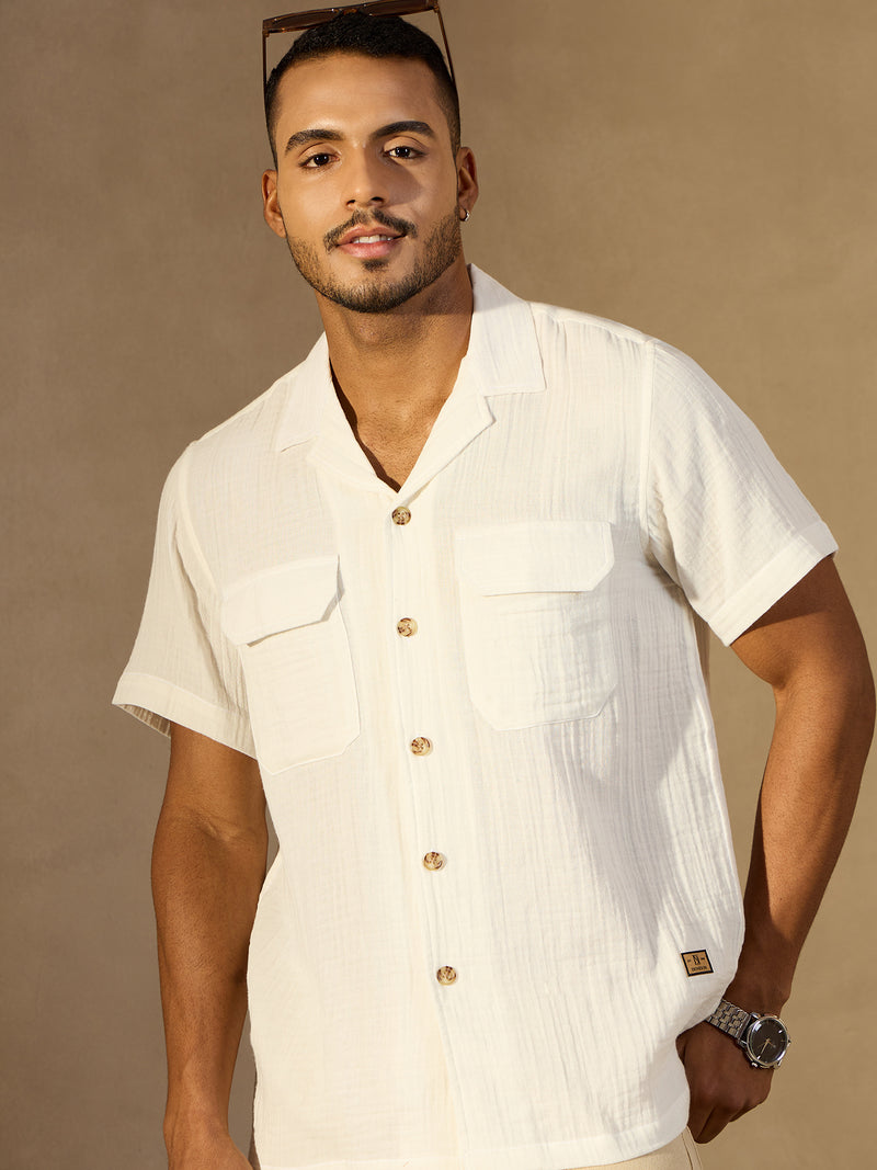 White: Half Sleeves Muslin Resort Shirt