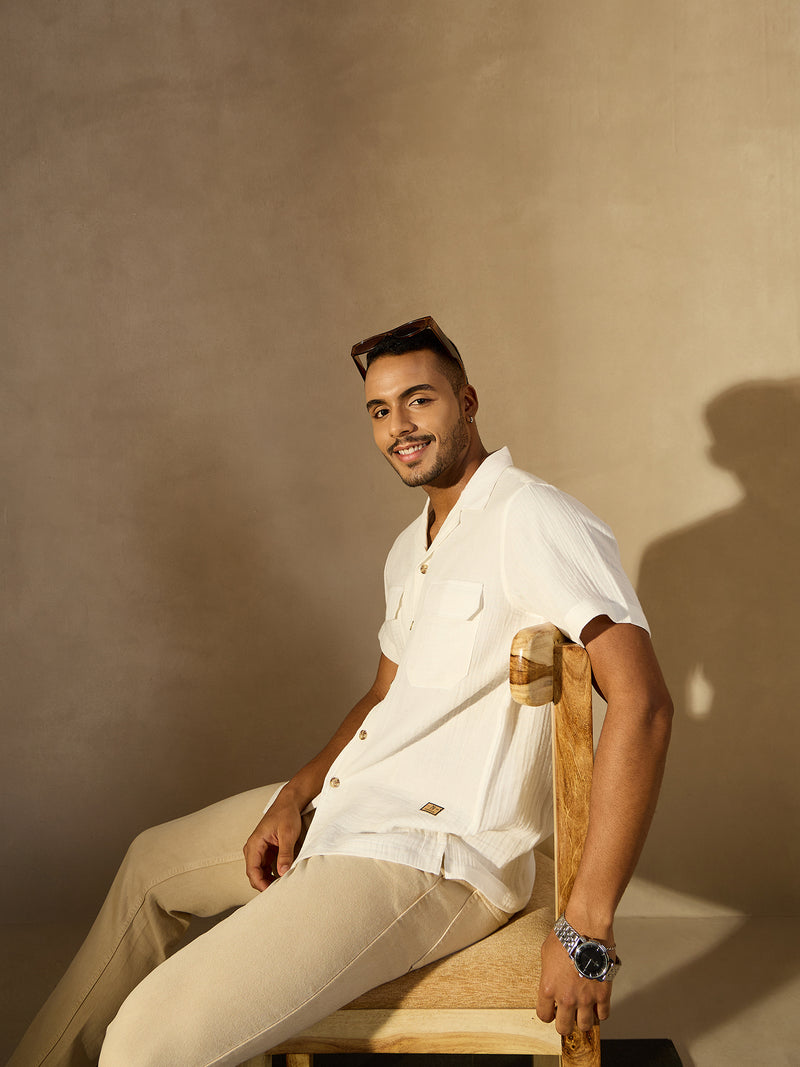 White: Half Sleeves Muslin Resort Shirt