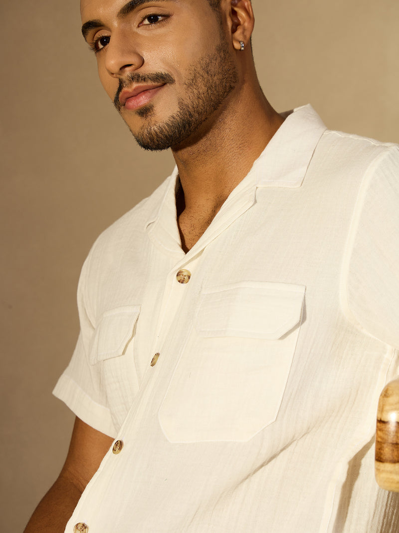 White: Half Sleeves Muslin Resort Shirt