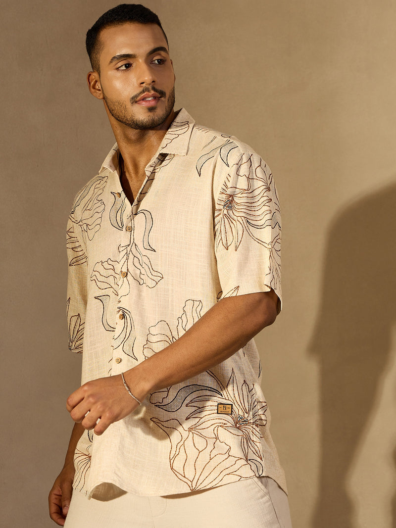 Beige & Brown: Half Sleeves floral printed Oversized Casual Shirt