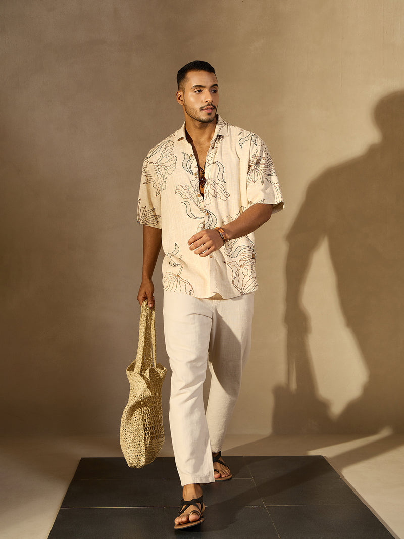 Beige & Brown: Half Sleeves floral printed Oversized Casual Shirt