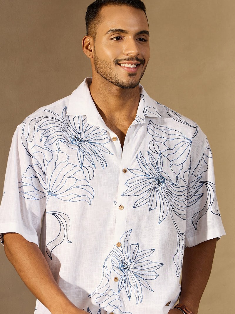 White & Blue: Half Sleeves Floral Printed Oversized Shirt