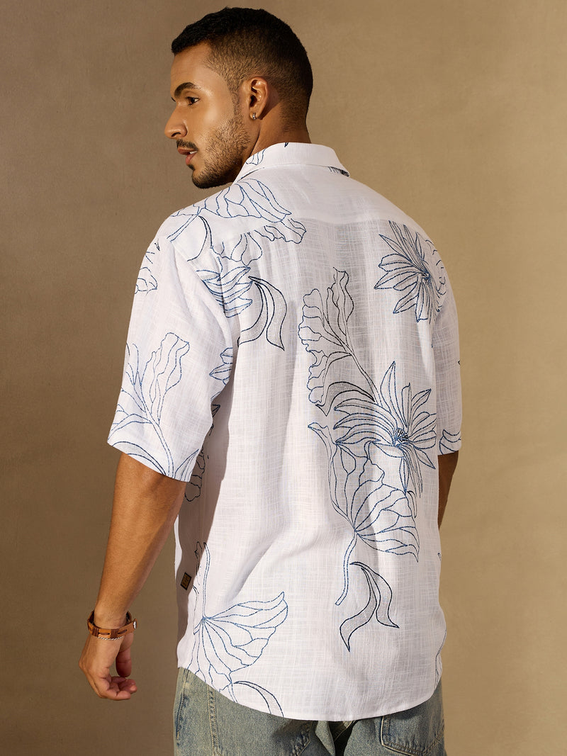 White & Blue: Half Sleeves Floral Printed Oversized Shirt