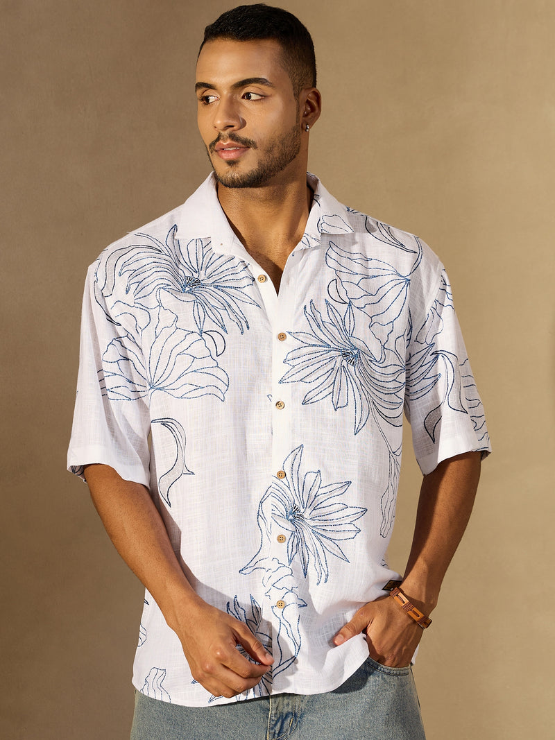 White & Blue: Half Sleeves Floral Printed Oversized Shirt