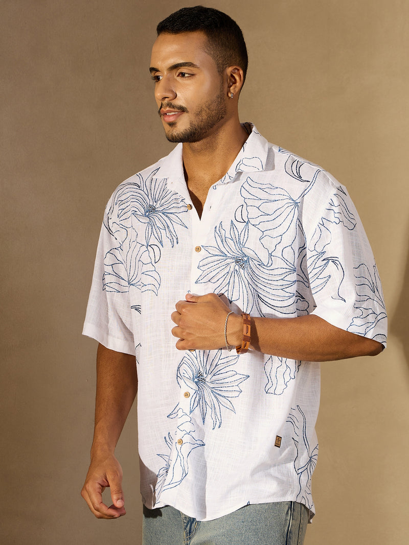 White & Blue: Half Sleeves Floral Printed Oversized Shirt