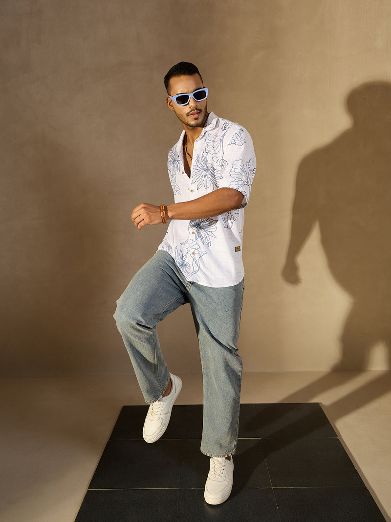 White & Blue: Half Sleeves Floral Printed Oversized Shirt