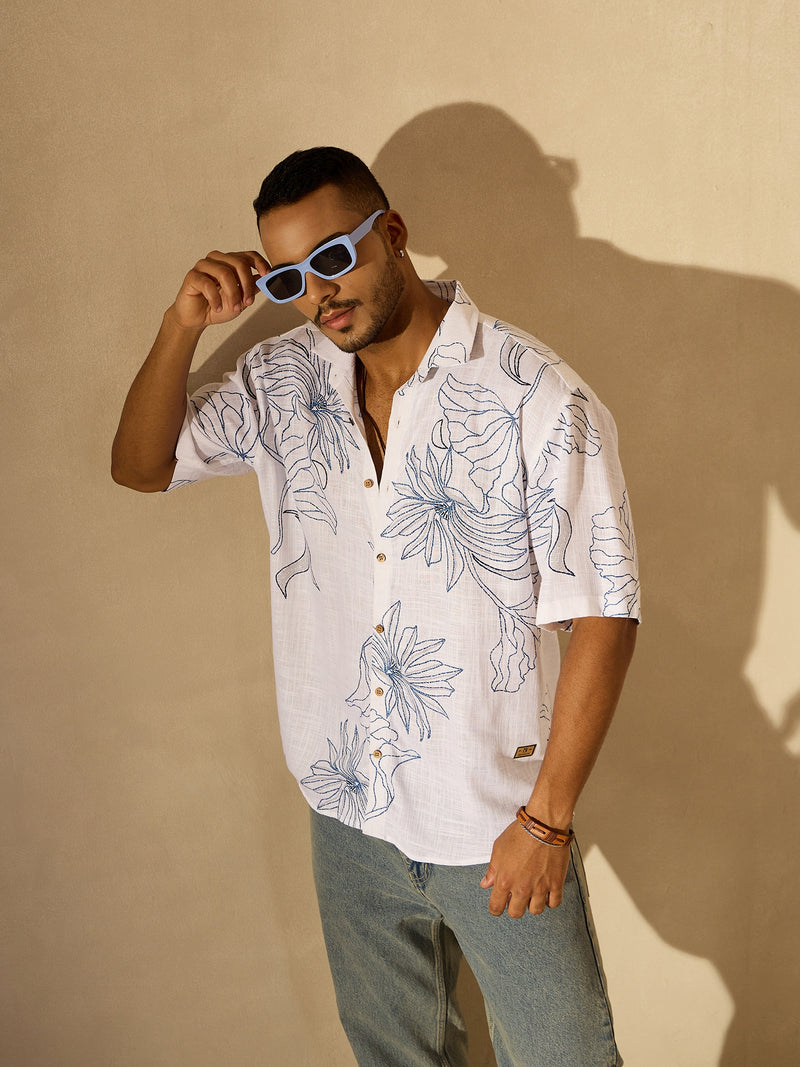 White & Blue: Half Sleeves Floral Printed Oversized Shirt