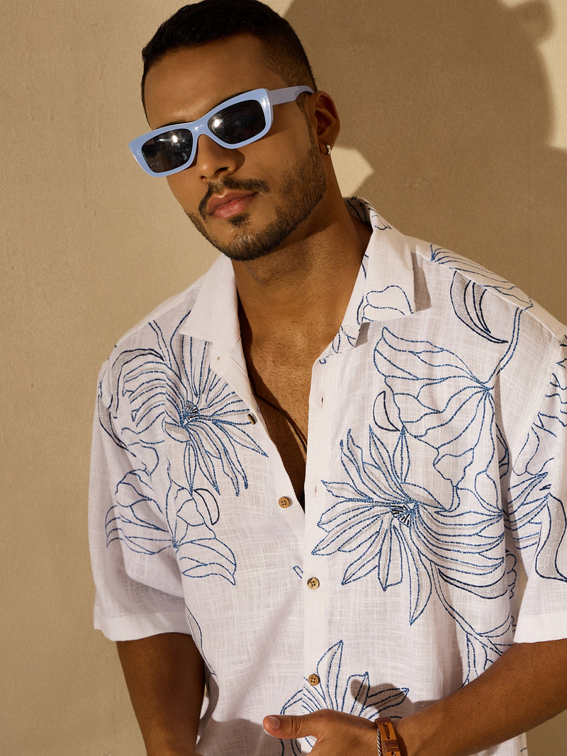 White & Blue: Half Sleeves Floral Printed Oversized Shirt
