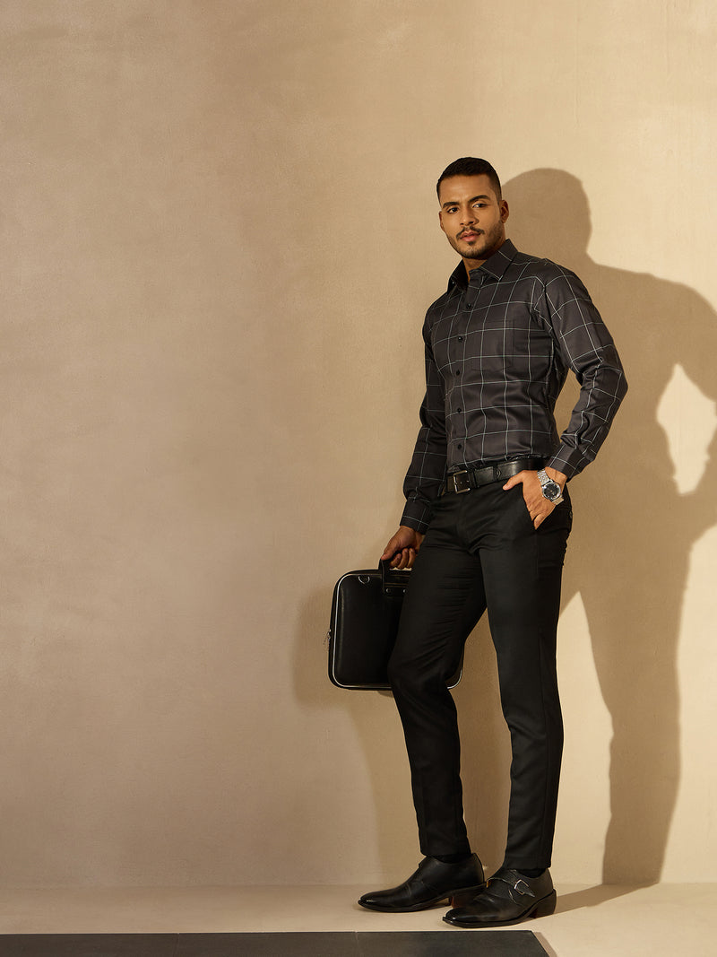 Dark Grey & White Checked Formal Shirt