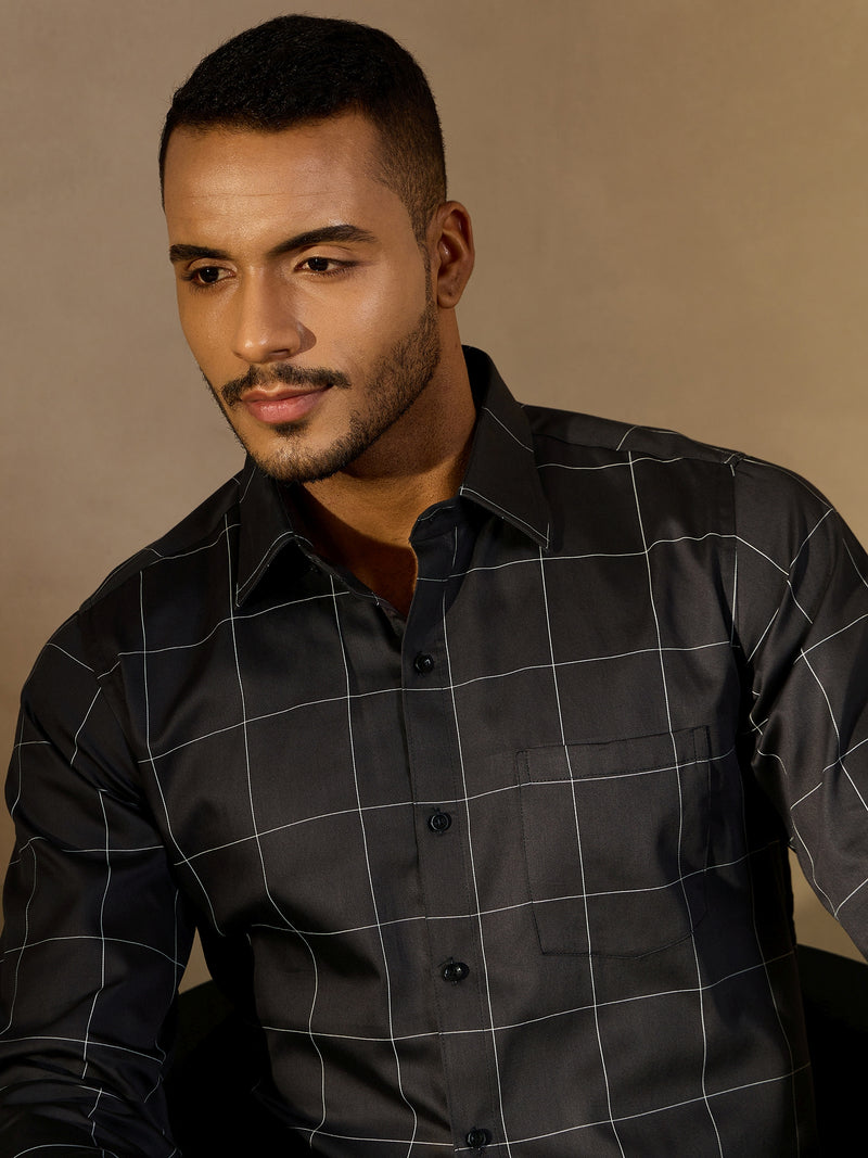 Dark Grey & White Checked Formal Shirt