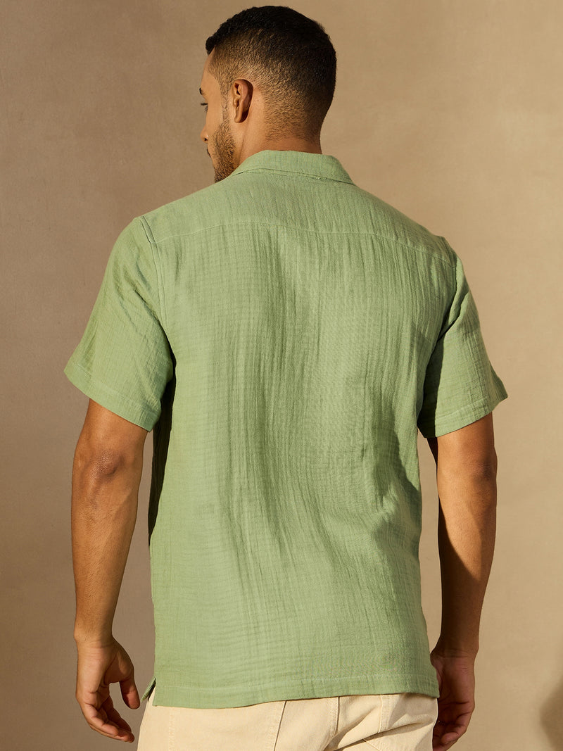 Green: Half Sleeves Muslin Resort Shirt