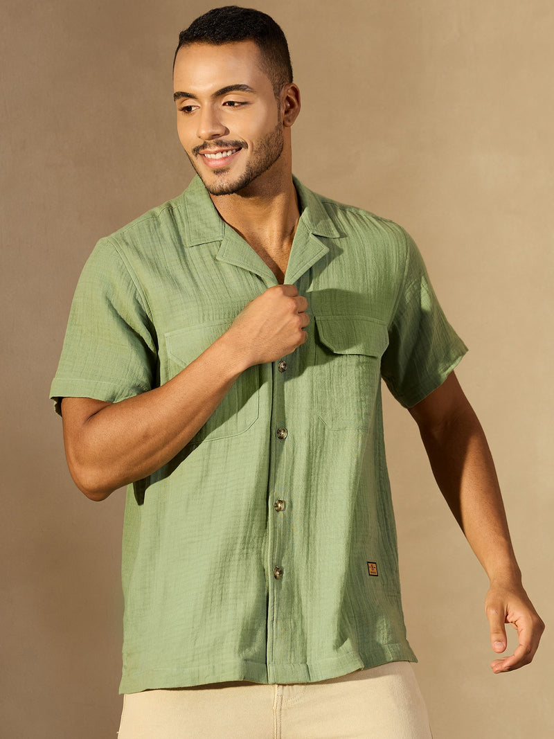 Green: Half Sleeves Muslin Resort Shirt
