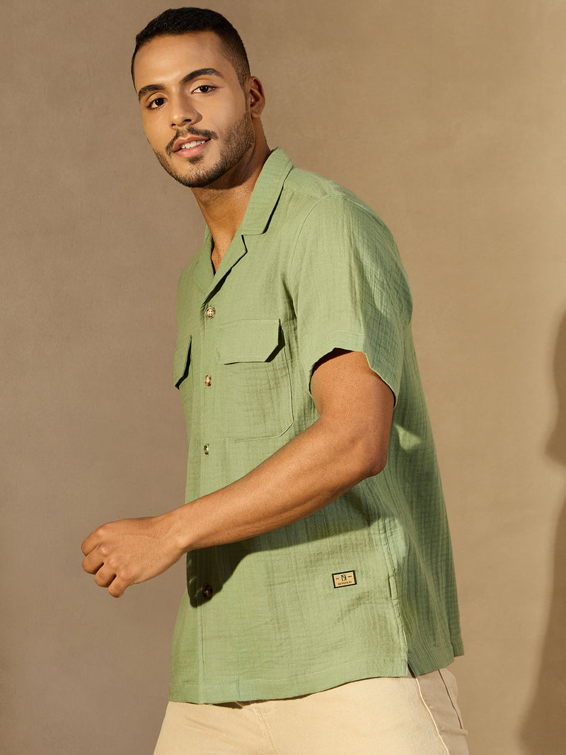 Green: Half Sleeves Muslin Resort Shirt