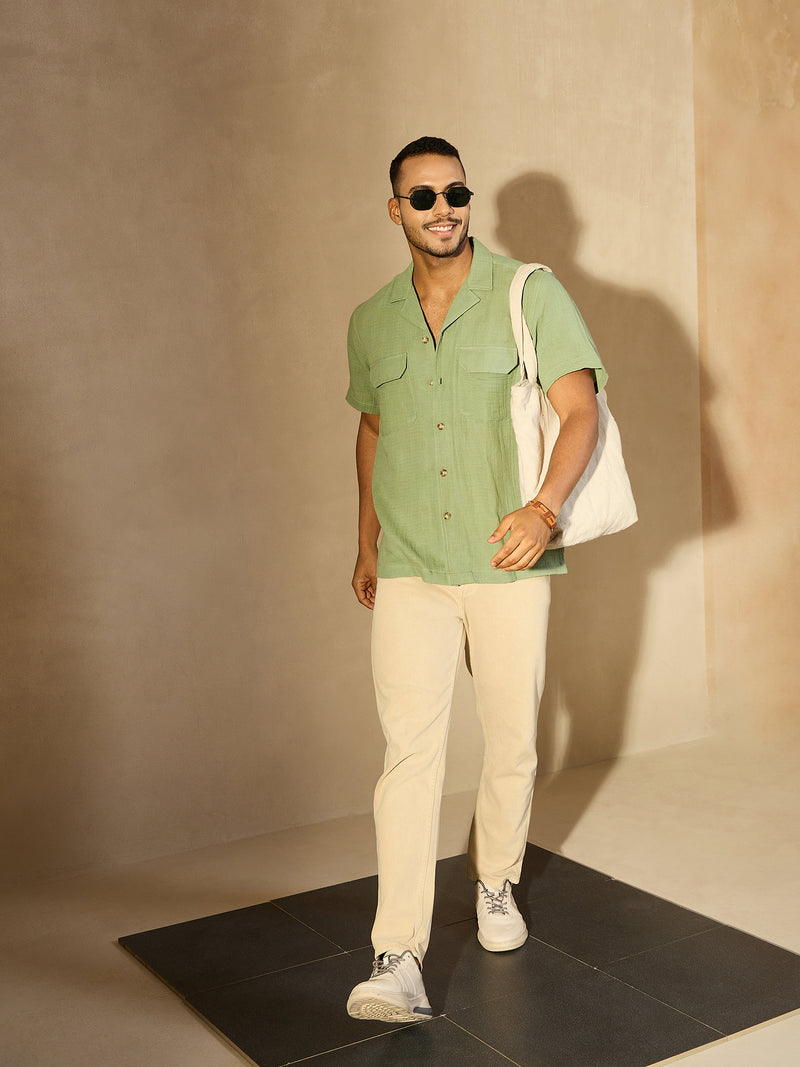 Green: Half Sleeves Muslin Resort Shirt