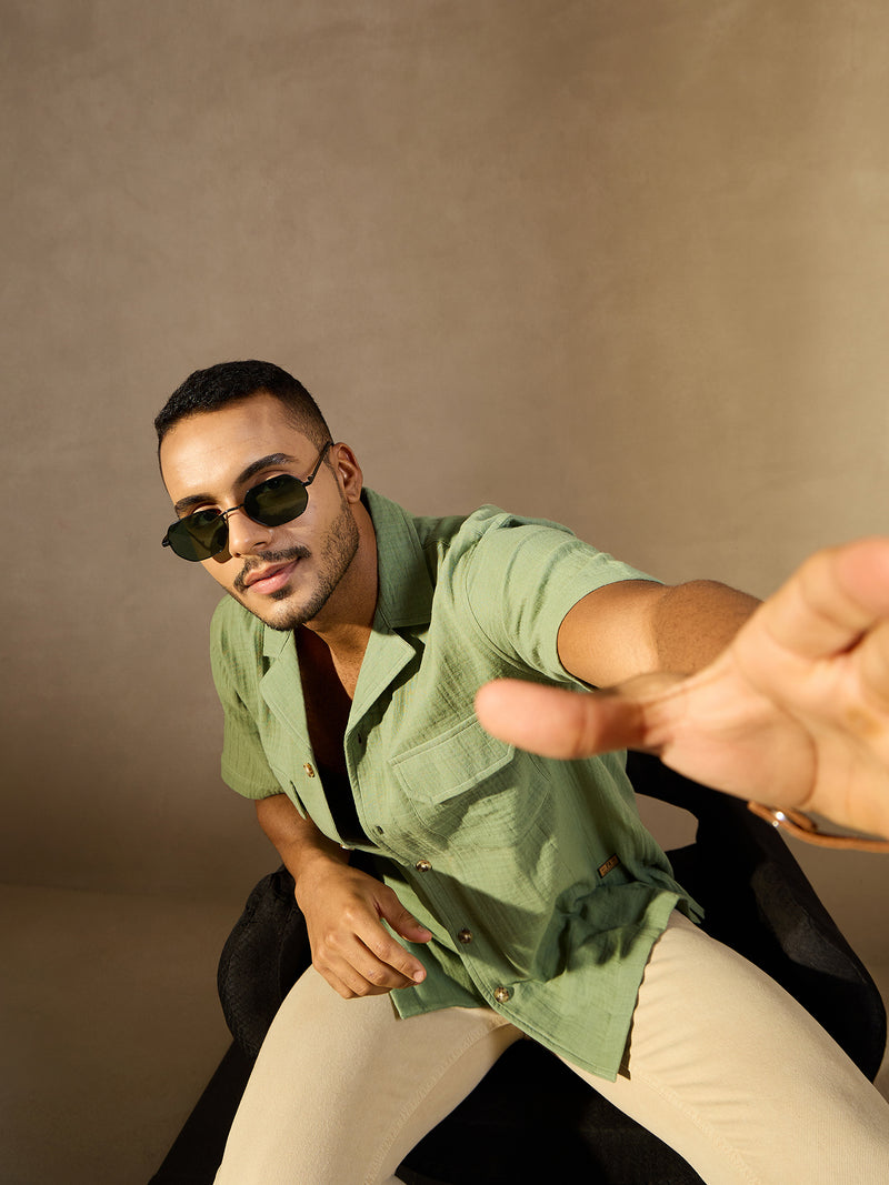 Green: Half Sleeves Muslin Resort Shirt