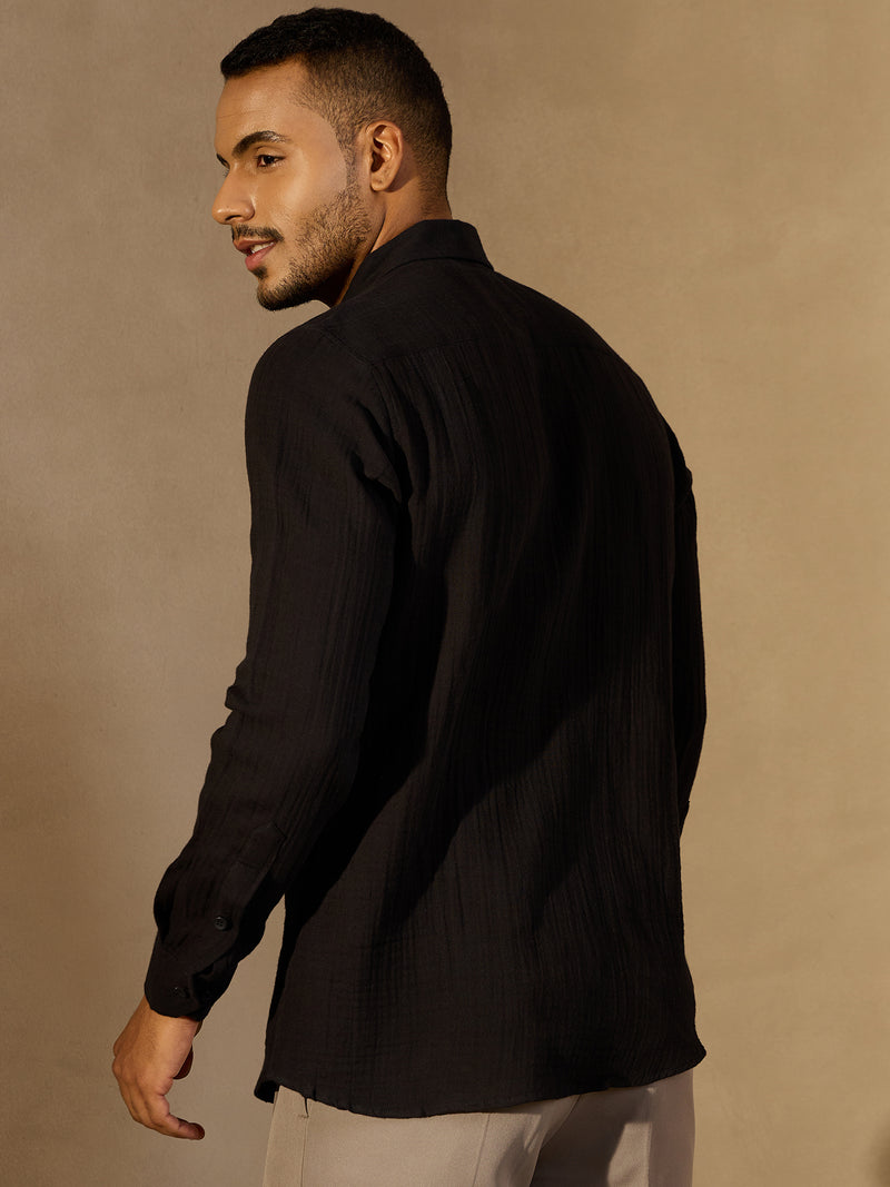 Black: Full Sleeves Muslin Resort Shirt