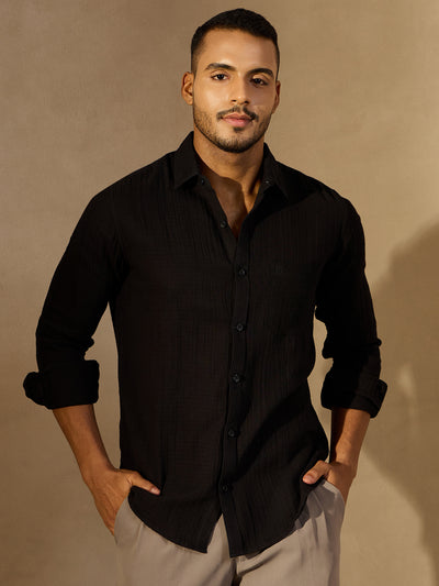 Black: Full Sleeves Muslin Resort Shirt
