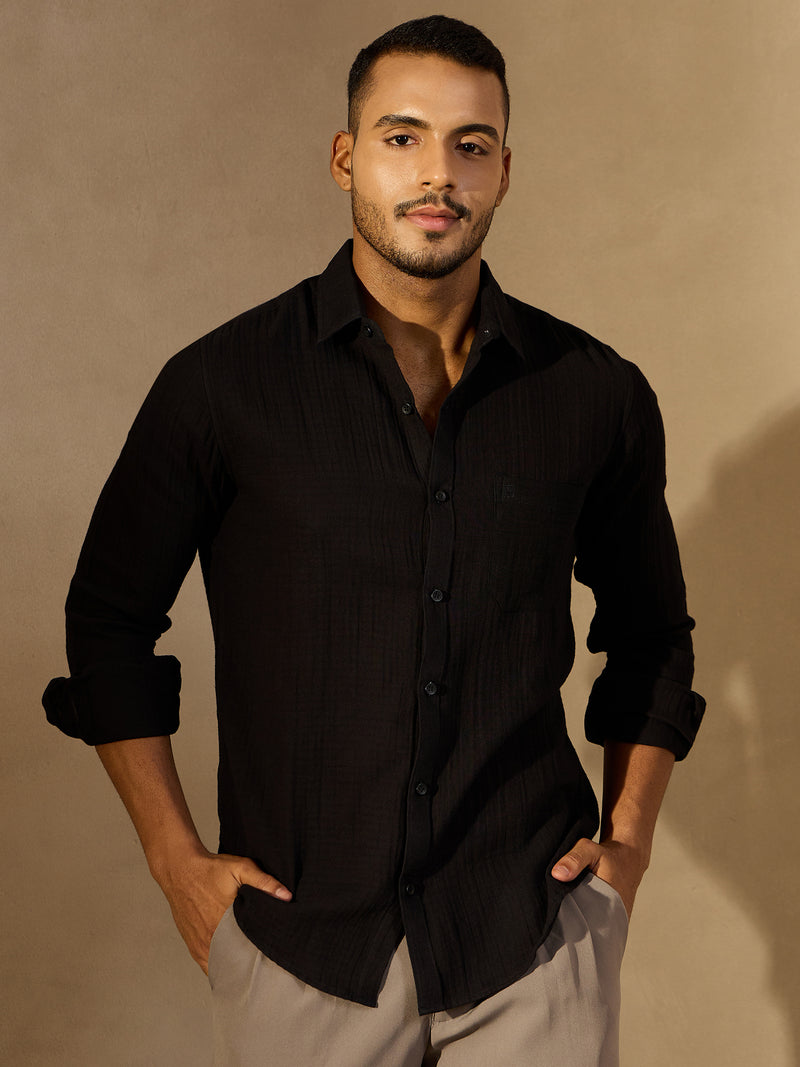 Black: Full Sleeves Muslin Resort Shirt