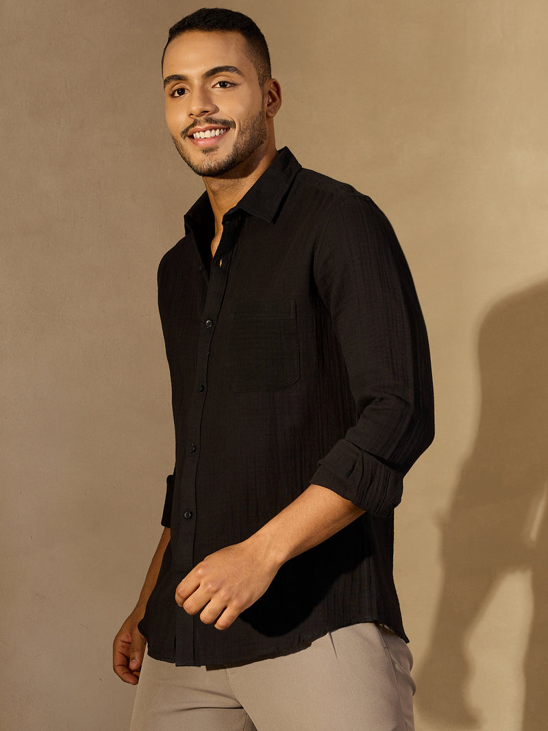 Black: Full Sleeves Muslin Resort Shirt