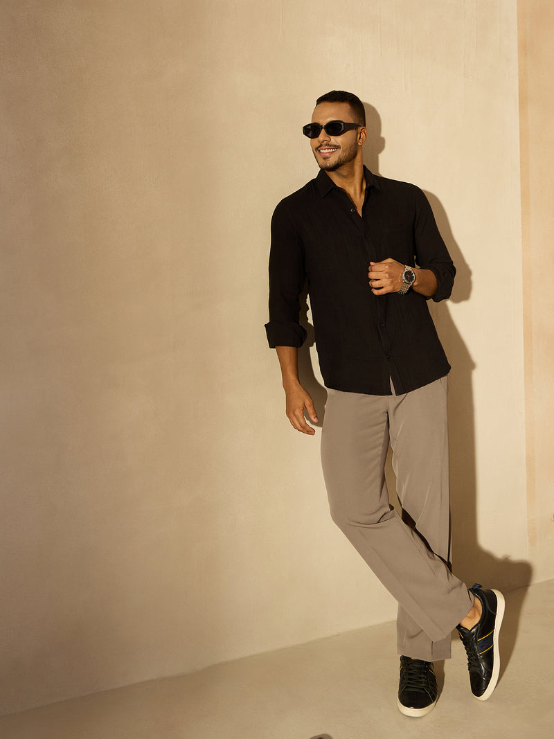 Black: Full Sleeves Muslin Resort Shirt