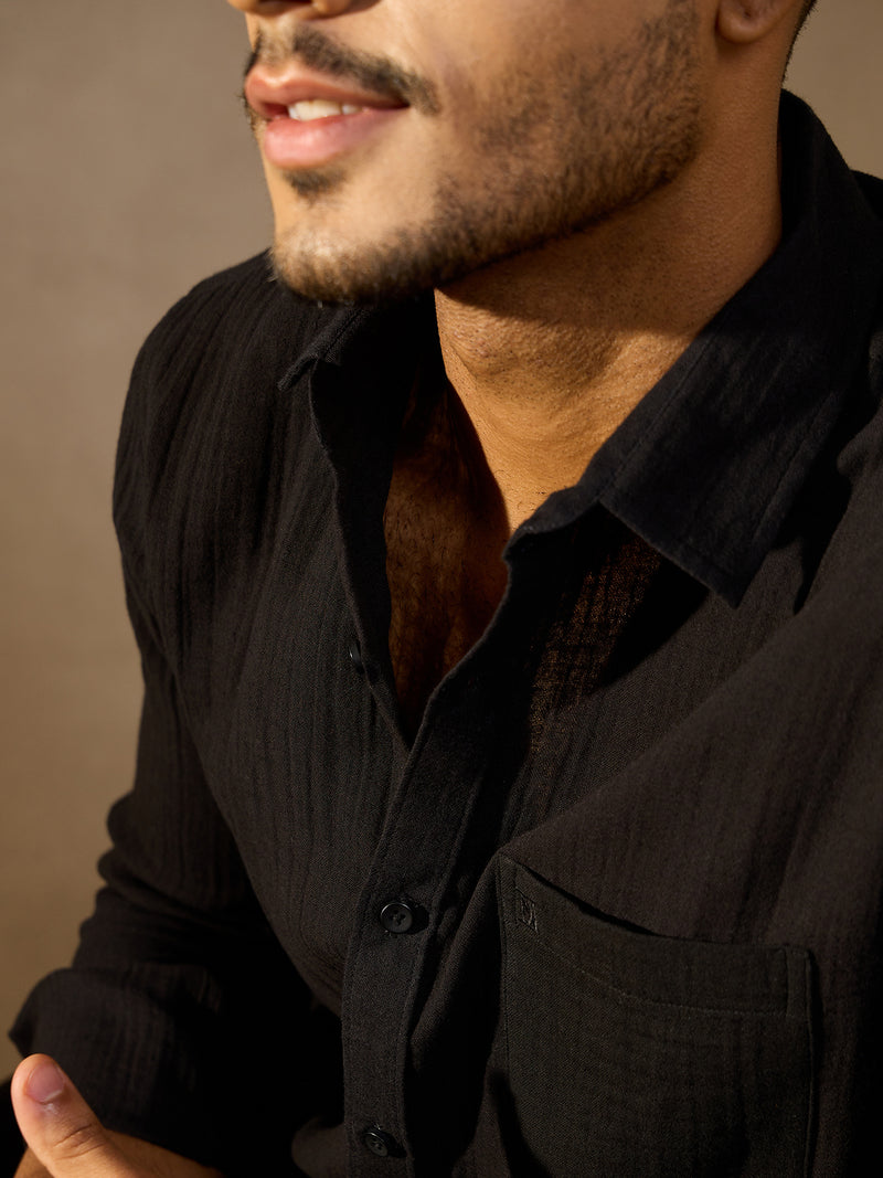 Black: Full Sleeves Muslin Resort Shirt