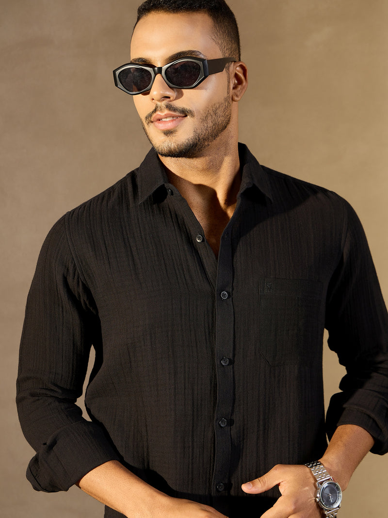 Black: Full Sleeves Muslin Resort Shirt