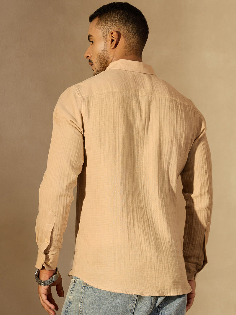 Beige: Full Sleeves Muslin Resort Shirt