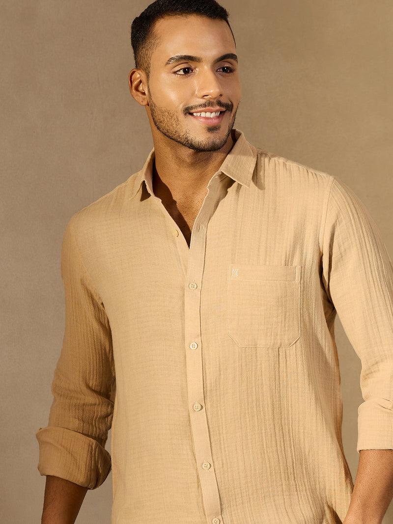 Beige: Full Sleeves Muslin Resort Shirt