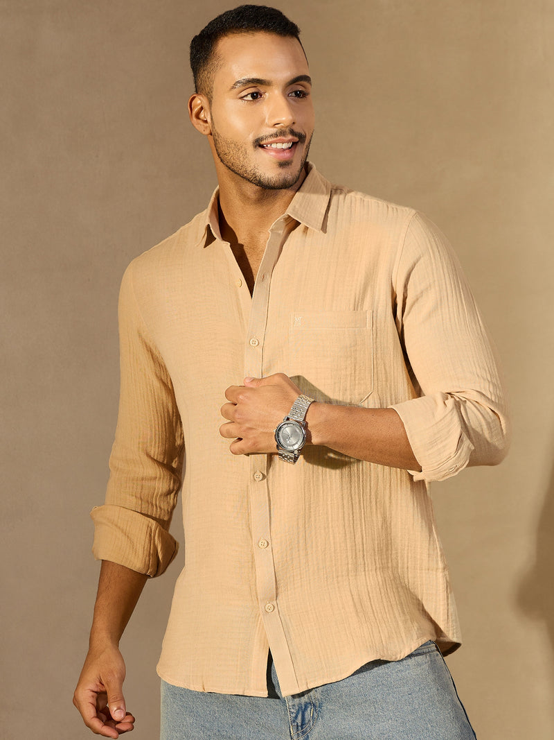 Beige: Full Sleeves Muslin Resort Shirt