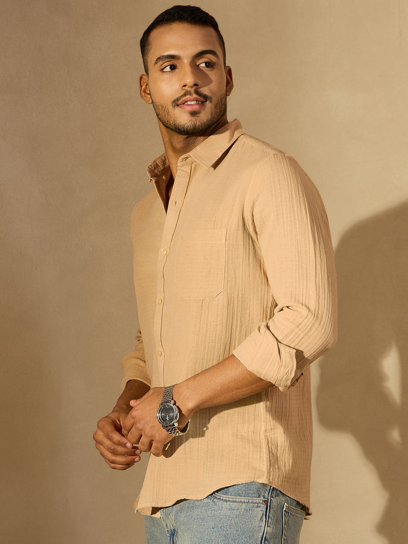 Beige: Full Sleeves Muslin Resort Shirt
