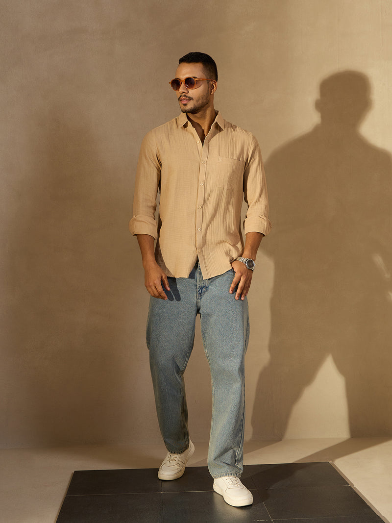 Beige: Full Sleeves Muslin Resort Shirt