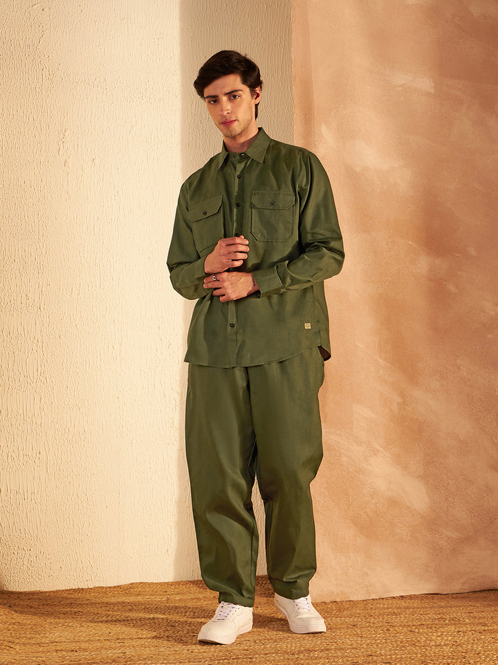 DENNISON Men Olive Coord Set | Solid Shirt With Straight Fit Pant