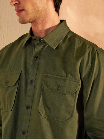 DENNISON Men Olive Coord Set | Solid Shirt With Straight Fit Pant