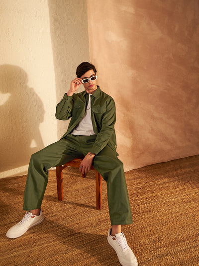 DENNISON Men Olive Coord Set | Solid Shirt With Straight Fit Pant