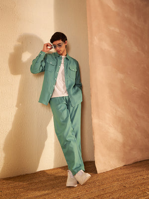 DENNISON Men Green Coord Set | Solid Shirt With Straight Fit Pant