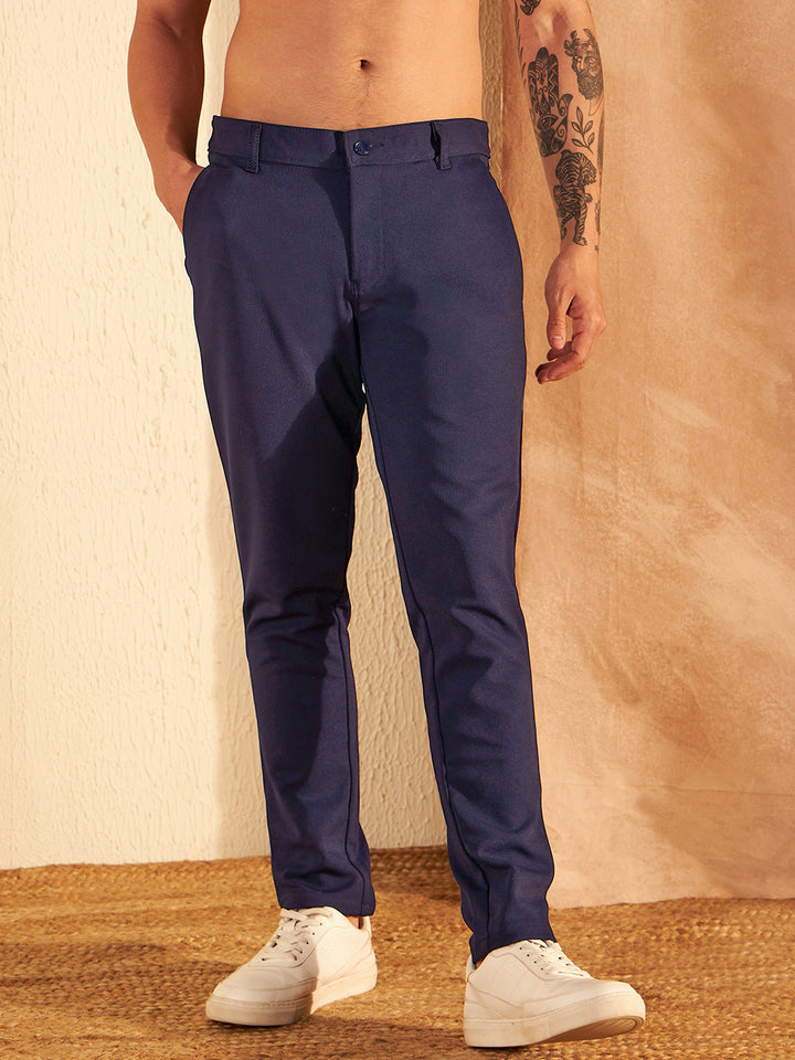 DENNISON Men Navy Blue Lycra Trouser