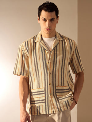Beige & Brown: Half Sleeve Crochet Oversized Striped Shirt