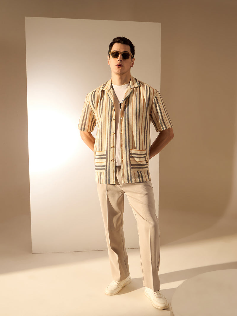 Beige & Brown: Half Sleeve Crochet Oversized Striped Shirt