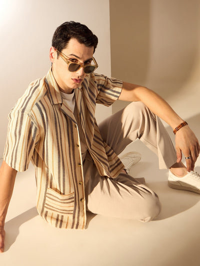 Beige & Brown: Half Sleeve Crochet Oversized Striped Shirt