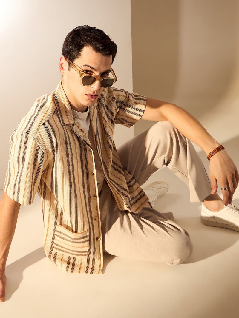 Beige & Brown: Half Sleeve Crochet Oversized Striped Shirt