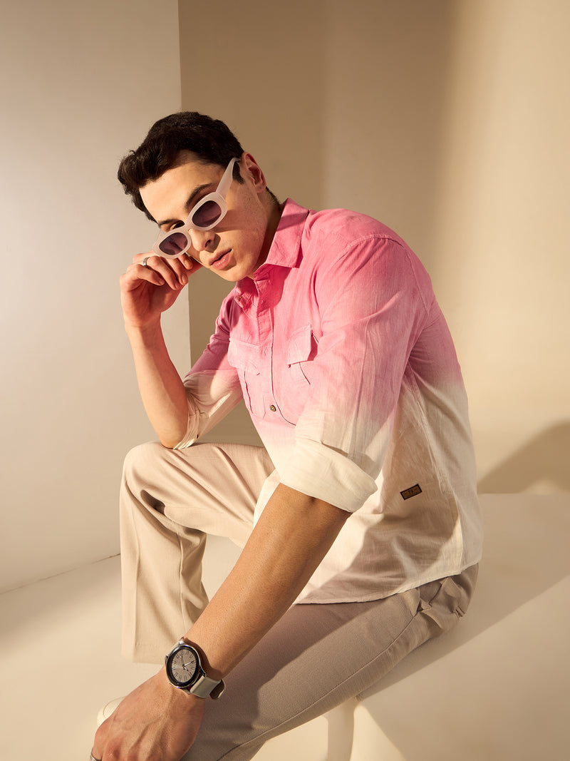 Coral Pink: Full Sleeves Oversized Ombre Shirt