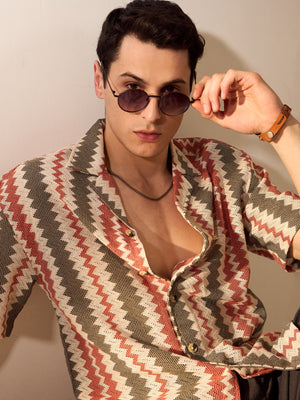 Cream and Maroon: Zigzag Pattern Crochet Shirt