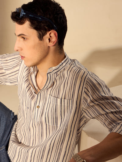 Grey & White Colored Striped Printed Sustainable Short Kurta"