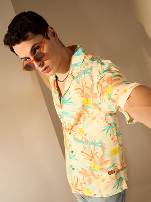 Cream & Orange: Half Sleeves Floral Printed Oversized Shirt